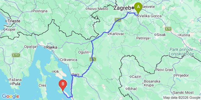 Map: Zagreb Airport (ZAG) to Rab