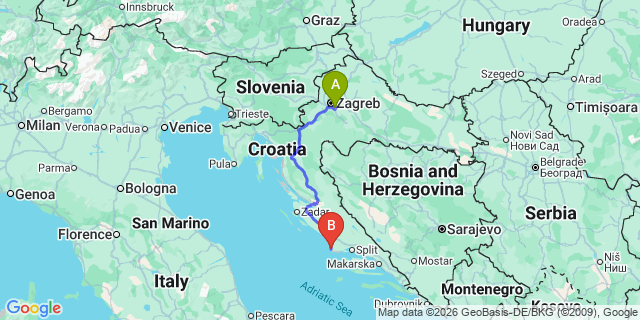 Map: Zagreb Airport (ZAG) to Rogoznica