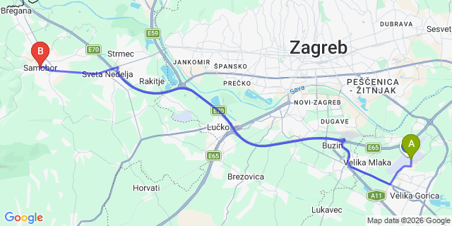Map: Zagreb Airport (ZAG) to Samobor