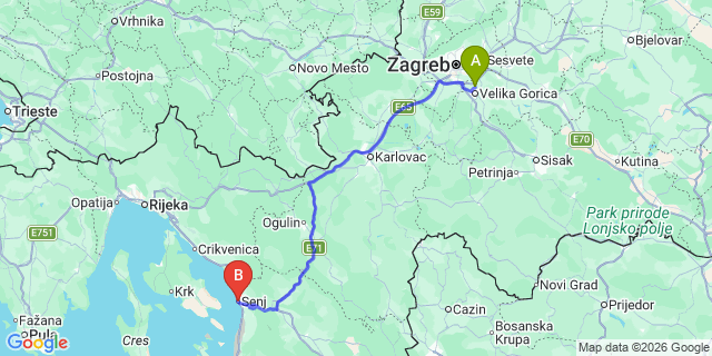 Map: Zagreb Airport (ZAG) to Senj