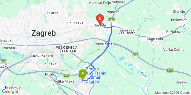 Map: Zagreb Airport (ZAG) to Sesvete