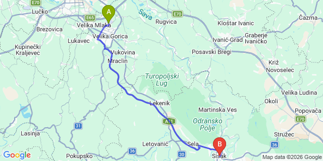 Map: Zagreb Airport (ZAG) to Sisak