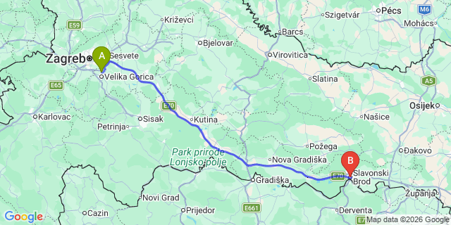 Map: Zagreb Airport (ZAG) to Slavonski Brod