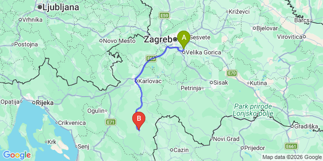 Map: Zagreb Airport (ZAG) to Slunj