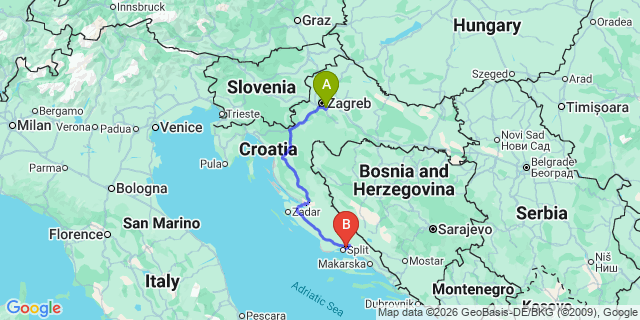 Map: Zagreb Airport (ZAG) to Solin