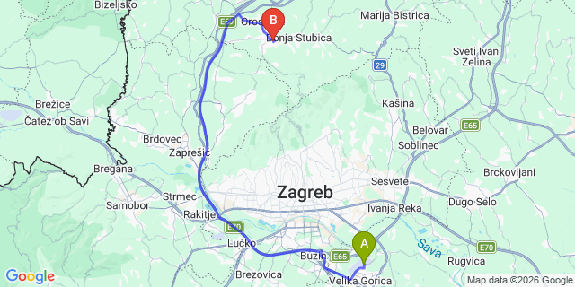 Map: Zagreb Airport (ZAG) to Stubicke Toplice