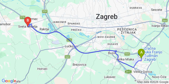 Map: Zagreb Airport (ZAG) to Sveta Nedelja
