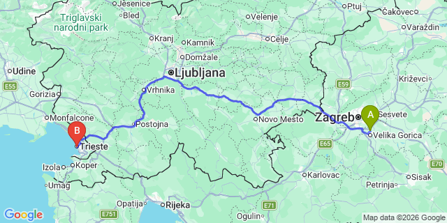 Map: Zagreb Airport (ZAG) to Trieste