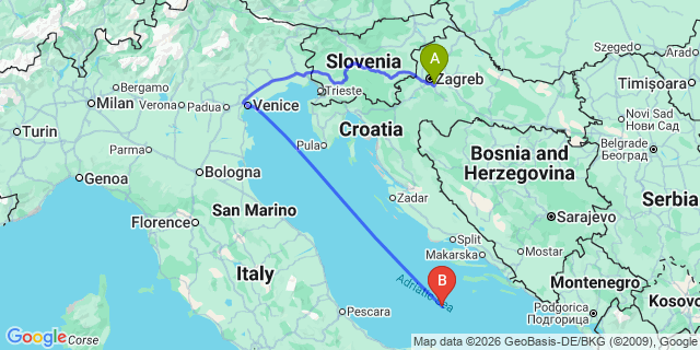 Map: Zagreb Airport (ZAG) to Trogir