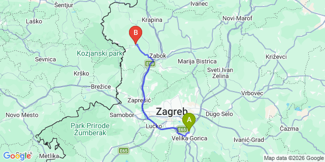 Map: Zagreb Airport (ZAG) to Tuheljske Toplice