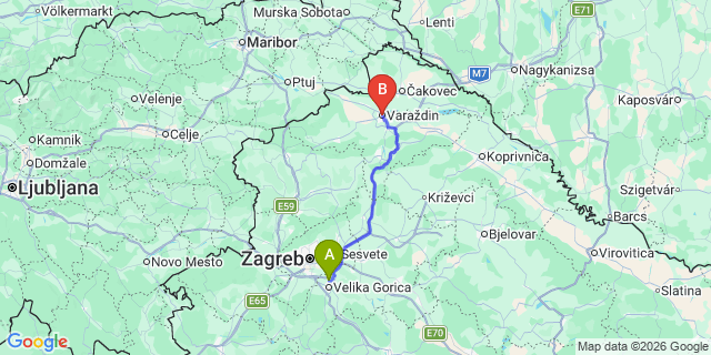 Map: Zagreb Airport (ZAG) to Varazdin