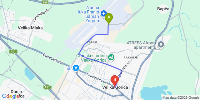 Map: Zagreb Airport (ZAG) to Velika Gorica