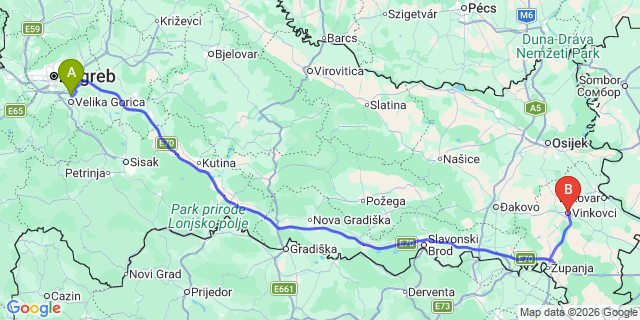 Map: Zagreb Airport (ZAG) to Vinkovci