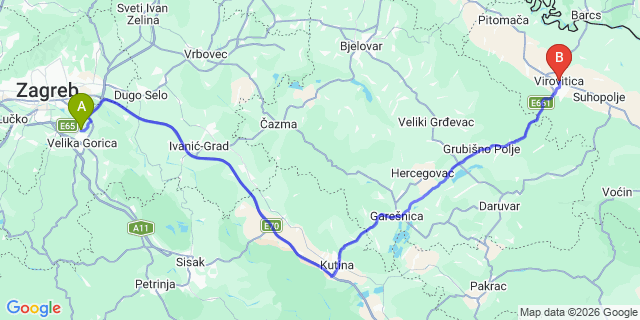 Map: Zagreb Airport (ZAG) to Virovitica