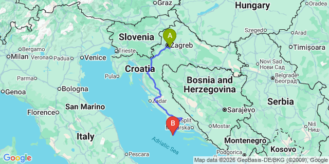 Map: Zagreb Airport (ZAG) to Vis