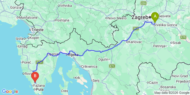 Map: Zagreb Airport (ZAG) to Vodnjan