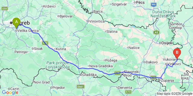 Map: Zagreb Airport (ZAG) to Vukovar