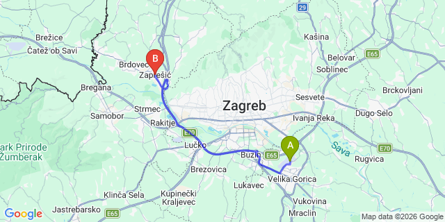 Map: Zagreb Airport (ZAG) to Zapresic