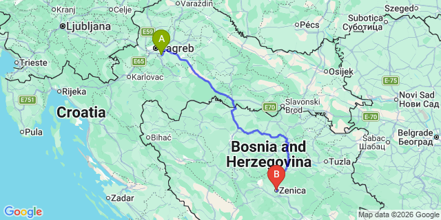 Map: Zagreb Airport (ZAG) to Zenica