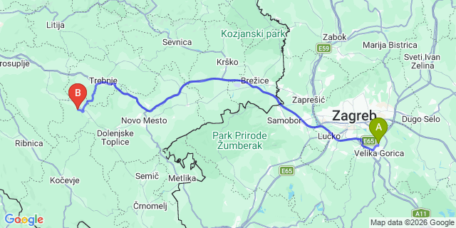Map: Zagreb Airport (ZAG) to Zrce