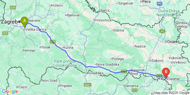 Map: Zagreb Airport (ZAG) to Zupanja