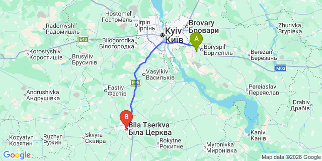 Map: Kyiv Boryspil Airport (KBP) to Bila Tserkva