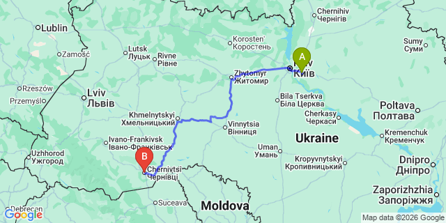Map: Kyiv Boryspil Airport (KBP) to Chernivtsi