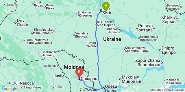 Map: Kyiv Boryspil Airport (KBP) to Chisinau