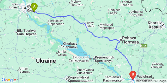 Map: Kyiv Boryspil Airport (KBP) to Dnepropetrovsk