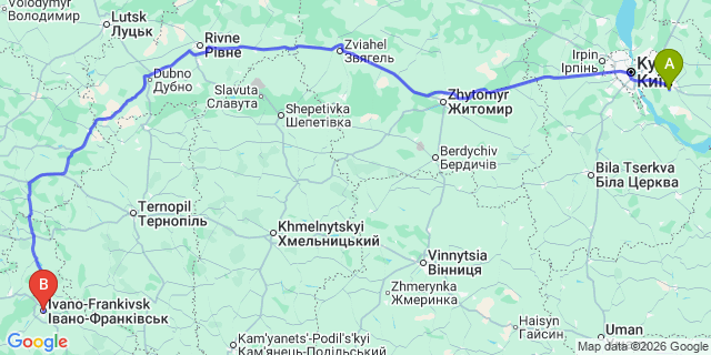 Map: Kyiv Boryspil Airport (KBP) to Ivano-Frankivsk