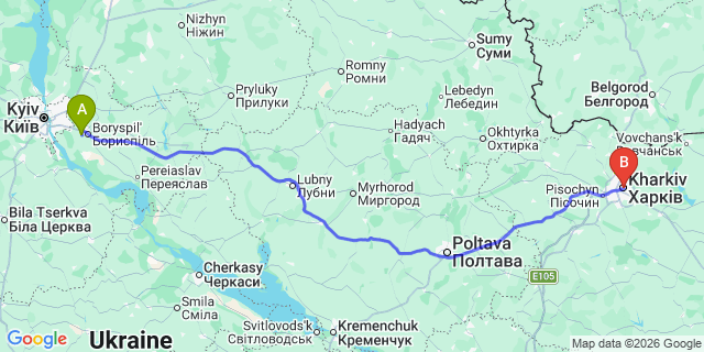 Map: Kyiv Boryspil Airport (KBP) to Kharkiv