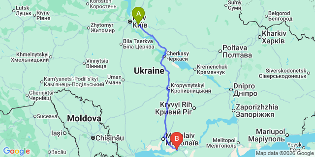Map: Kyiv Boryspil Airport (KBP) to Kherson