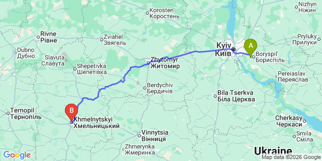 Map: Kyiv Boryspil Airport (KBP) to Khmelnitsky