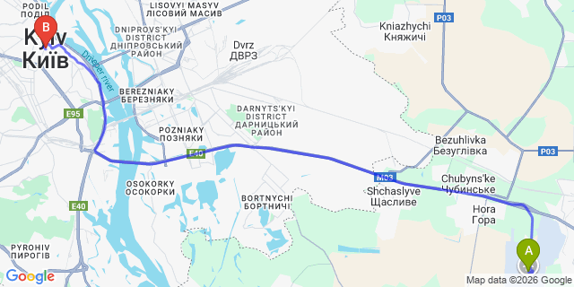 Map: Kyiv Boryspil Airport (KBP) to Kiev