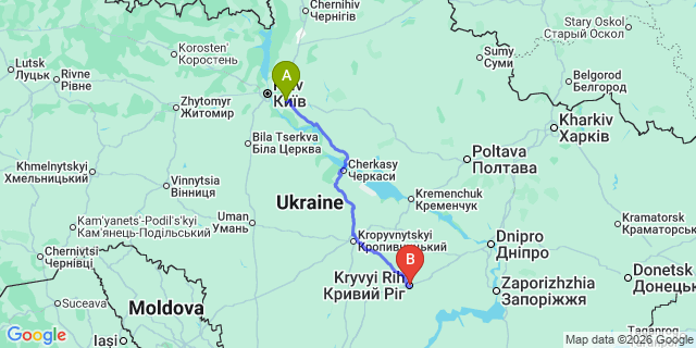 Map: Kyiv Boryspil Airport (KBP) to Kryvyi Rih