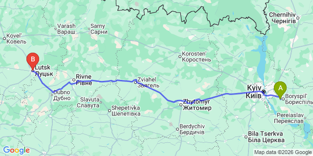 Map: Kyiv Boryspil Airport (KBP) to Lutsk