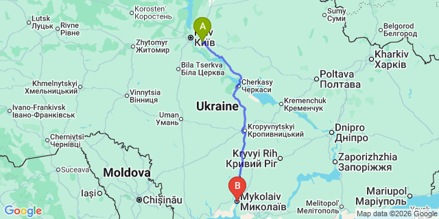 Map: Kyiv Boryspil Airport (KBP) to Mykolaiv