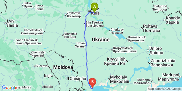 Map: Kyiv Boryspil Airport (KBP) to Odessa