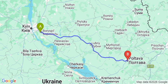 Map: Kyiv Boryspil Airport (KBP) to Poltava
