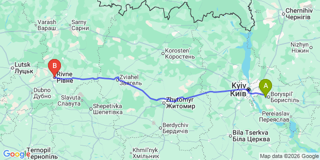 Map: Kyiv Boryspil Airport (KBP) to Rivne