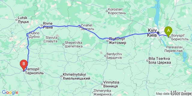 Map: Kyiv Boryspil Airport (KBP) to Ternopil