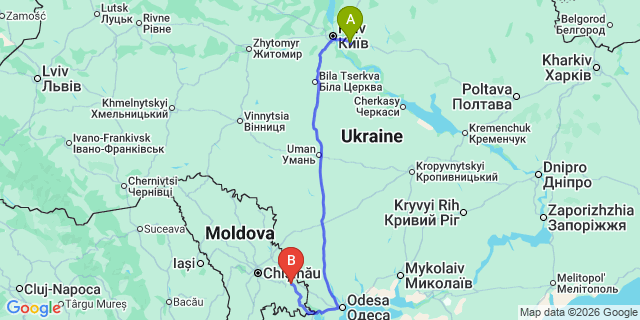 Map: Kyiv Boryspil Airport (KBP) to Tiraspol