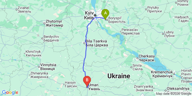 Map: Kyiv Boryspil Airport (KBP) to Uman