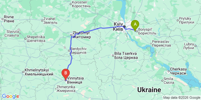 Map: Kyiv Boryspil Airport (KBP) to Vinnytsia
