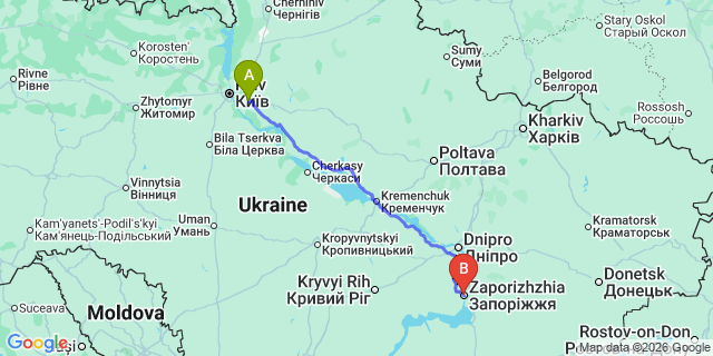 Map: Kyiv Boryspil Airport (KBP) to Zaporizhia