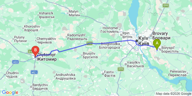 Map: Kyiv Boryspil Airport (KBP) to Zhytomyr