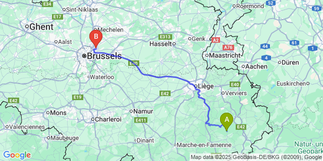 Map: Brussels Zaventem Airport (BRU) to Grand-Halleux