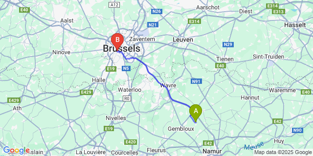 Map: Brussels Midi Train Station to Grand-Leez