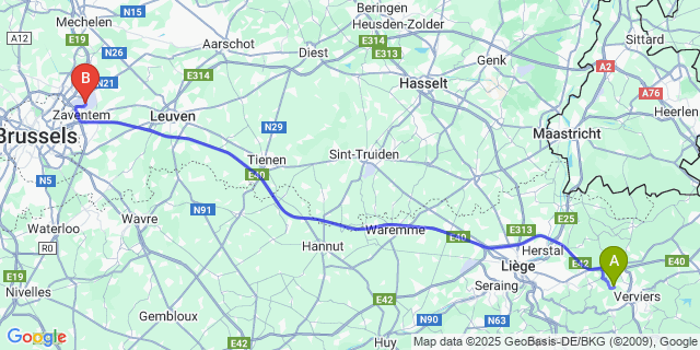 Map: Brussels Zaventem Airport (BRU) to Grand-Rechain