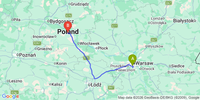 Map: Warsaw Chopin Airport (WAW) to Aleksandrow Kujawski